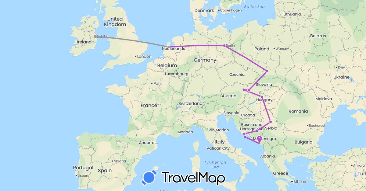 TravelMap itinerary: driving, plane, train in Austria, Bosnia and Herzegovina, Germany, Croatia, Hungary, Ireland, Montenegro, Netherlands, Poland, Serbia, Slovakia (Europe)